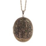 Large 9ct oval hand engraved locket on a 9ct POW rope chain, 25.5gm, the pendant 50mm x 41mm