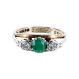 Emerald and diamond 9ct three stone ring, 2.7gm, ring size J