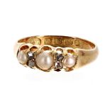 Victorian 18ct pearl and rose diamond claw set ring, Birmingham 1882, 6mm, 2.8gm, ring size