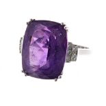 18ct white gold amethyst ring with diamond shoulders, the amethyst 16mm x 13mm, 7.8gm, ring size M/N