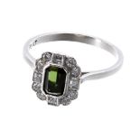 Art Deco style platinum green tourmaline and diamond cluster platinum ring, the tourmaline 0.35ct,
