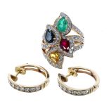 Fancy 18ct diamond, ruby, emerald, blue and yellow sapphire dress ring, 27mm, ring size L;