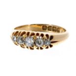 Edwardian 18ct yellow gold claw set five stone diamond ring, Chester 1902, old-cuts, 4.4gm, ring