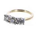 Good 18ct gold three stone diamond ring, round brilliant-cut, 2.14ct approx, clarity VS2-SI1, colour