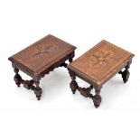 Pair of carved oak foot stools with foliate tops upon short turned supports united by stretchers