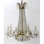 Good large eight branch prism drop brass chandelier in the Regency manner, 26" diameter, 28" drop
