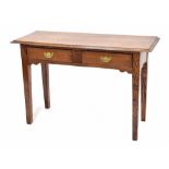 Edwardian oak hall table, the moulded top over two frieze drawers, raised on square legs, 46"