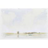 Bill Voss (1921-1989) - Couple walking on a beach at low tide, signed, watercolour, 21" x 14",