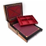 Victorian walnut and mother of pearl inlaid writing slope, the locking hinged cover with inset