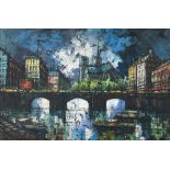 20th Century Contemporary - Continental city scape with bridge over river and boats in the