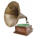 'The Leader' manual wind gramophone, in a square stepped oak case, 14" wide, 6" high, with 18"