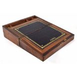 Victorian mahogany writing brass bound writing slope, inset with two square glass ink bottles, 16"