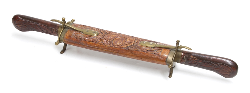 Indian carved hardwood and brass mounted carving set, the blades stamped India, 17" overall - Image 2 of 2