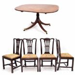 19th century mahogany tilt-top pedestal dining table, the rectangular plain top on turned central