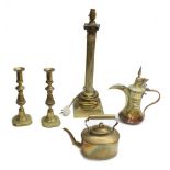 Pair of Victorian brass candlesticks, 11" high; together with a brass pillar lamp base, raised on