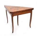 18th century South German beech, walnut and fruitwood triangular fold-over games table, the