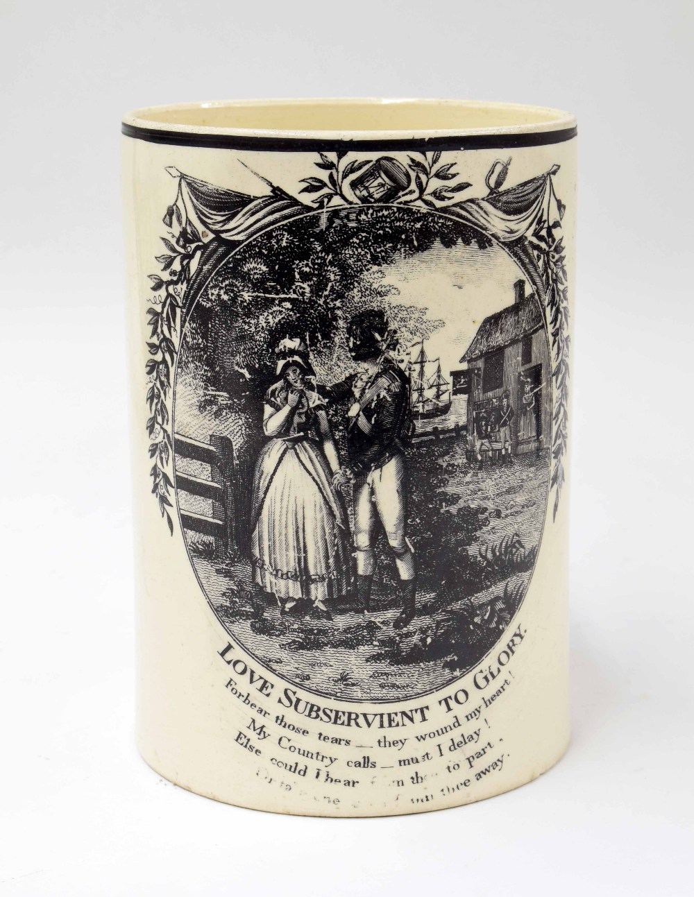 Early 19th century cream ware mug, black transfer printed oval panel of a soldier consoling his