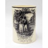 Early 19th century cream ware mug, black transfer printed oval panel of a soldier consoling his
