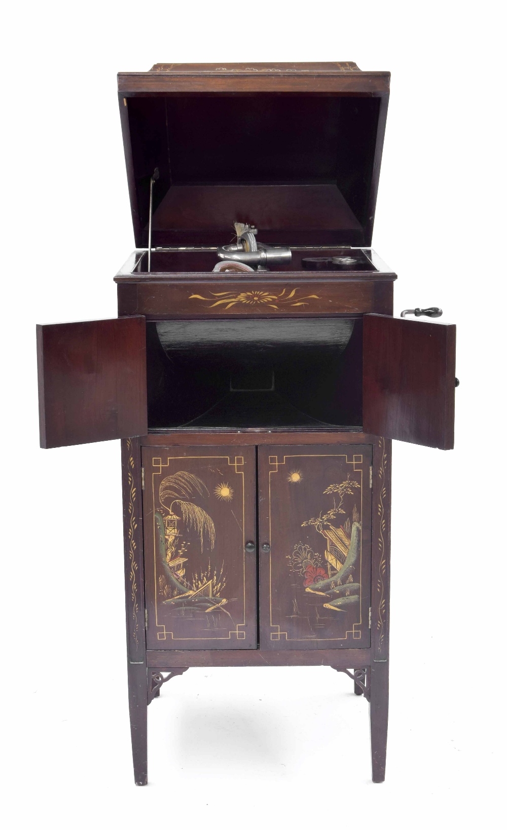 Vintage chinoiserie decorated cabinet gramophone, painted with garden scenes, bearing Brown & Son of - Image 2 of 5