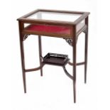 Edwardian mahogany vitrine/bijouterie table, the hinged top with blind fret carved border, raised on
