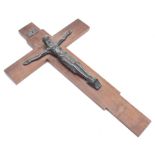 Patinated spelter crucifix mounted to a wooden cross, under 'INRI' plaque, 14" high overall