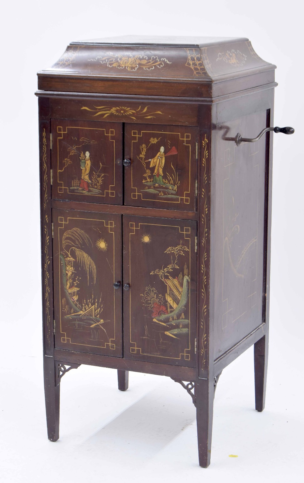 Vintage chinoiserie decorated cabinet gramophone, painted with garden scenes, bearing Brown & Son of - Image 5 of 5