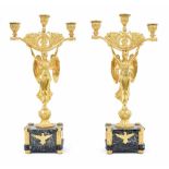 Good pair of Regency Empire ormolu and marble figural candelabra, modelled as angels holding three