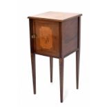 Sheraton style mahogany inlaid pot cupboard, the top and cupboard door inset with marquetry