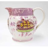 19th century Sunderland pink lustre jug, with polychrome transfer printed opposing panels of the