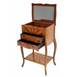 Louis XV style parquetry starburst ladies bedside/vanity cabinet, the hinged top revealing a