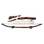 Native Indian bow, quiver, three arrows and dagger with sheath, the leather wrapped bow with applied