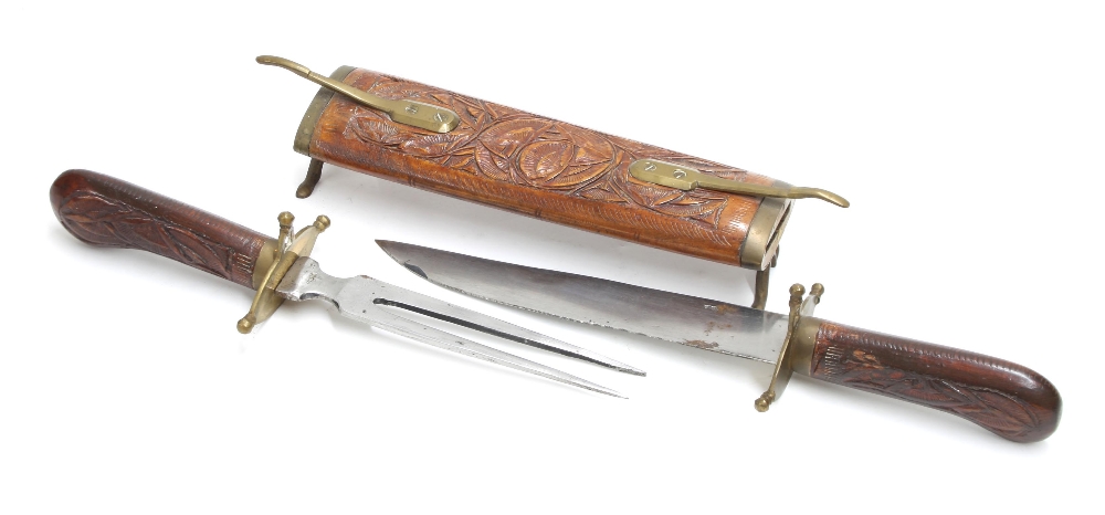 Indian carved hardwood and brass mounted carving set, the blades stamped India, 17" overall