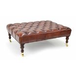 Good leather button upholstered hearth stool, raised on turned supports terminating in brass