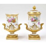 Pair of Royal Crown Derby pedestal porcelain vases, with floral and gilded decoration by Albert