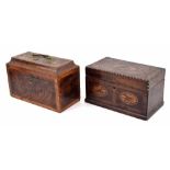 Georgian mahogany inlaid tea caddy, the hinged cover with central and corner inlaid paterae