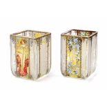 Pair of Goebel Mucha design glass tea light/candle holders, 'Autumn' and 'Winter', 4" high (2)