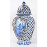 Dutch Delft baluster vase and cover in De Porceleyn Bijl Pottery style, with basket weave textured