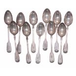 Eleven Victorian silver teaspoons, fiddle with shell pattern, initialled 'P', maker John James