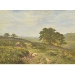 H* East (19th Century) - Holmbury Hill, a valley landscape with figures and sheep by a track in