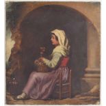 19th Century School - portrait of a seated girl holding a basket of flowers, a basket of fruit by
