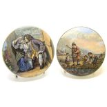 Two 19th century Prattware pot lids, one titled 'Uncle Toby', 4.25" diameter, the other a scene of