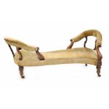 Victorian mahogany conversation chaise longue, with open carved frame, button velvet upholstered