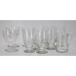 Set of six foliate etched rummer drinking glasses, 5.25" high, together with three half faceted