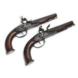 Good pair of early 19th century flintlock duelling pistols, with octagonal barrels, plain grips