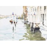 John Yardley R.I. (b.1933) - Venetian canal scene with gondolas beside buildings, signed, pencil and