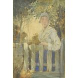 Percy Lancaster (1878-1951) - The Garden Gate, study of a lady behind a white picket gate,