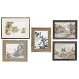Pair of Chinese silk embroidered river landscapes, framed 17" x 13.5" overall; together with a