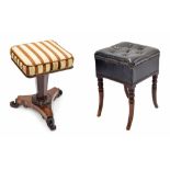 Victorian rosewood revolving piano stool, the brass studded beadwork velvet striped seat upon an