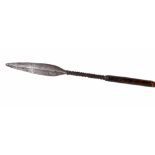 19th century South African throwing spear, the double edge metal tip with feathered barb detailing