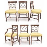 Set of six George III mahogany dining chairs, each with bar back and lattice X-frame splats over